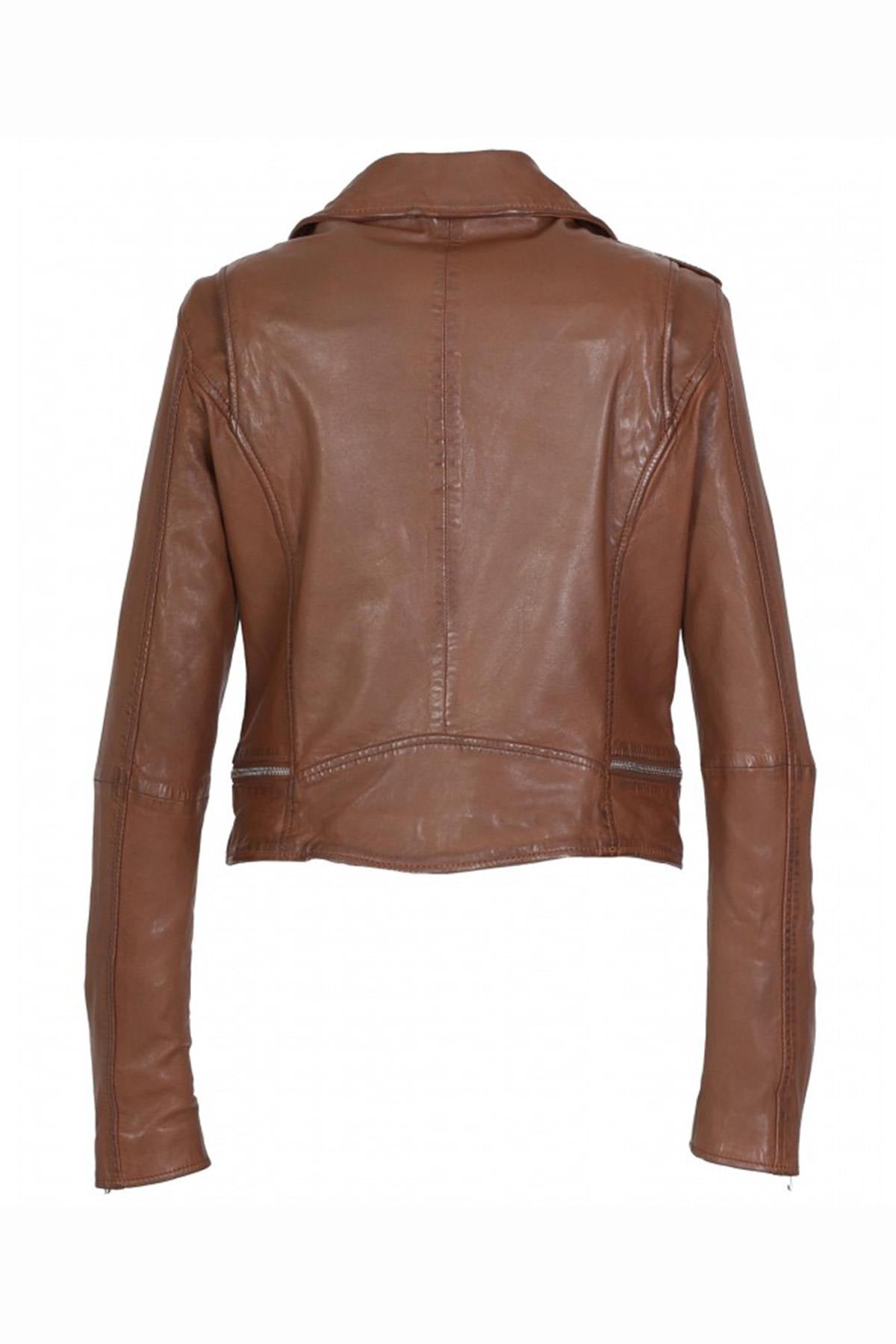 Slim biker jacket in washed sheepskin leather. Vintage tan finish. - Image n°11