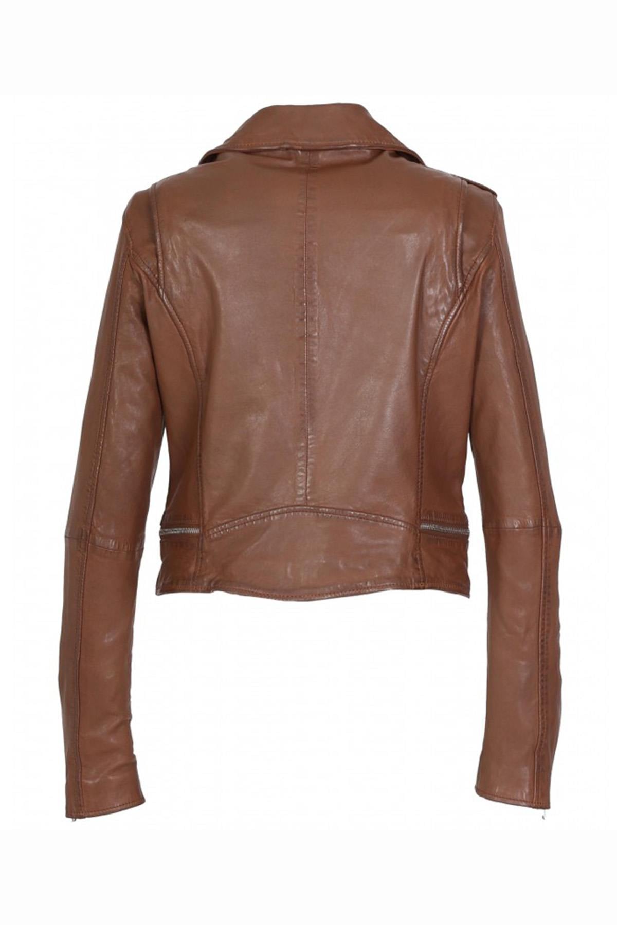 Slim biker jacket in washed sheepskin leather. Vintage tan finish. - Image n°11
