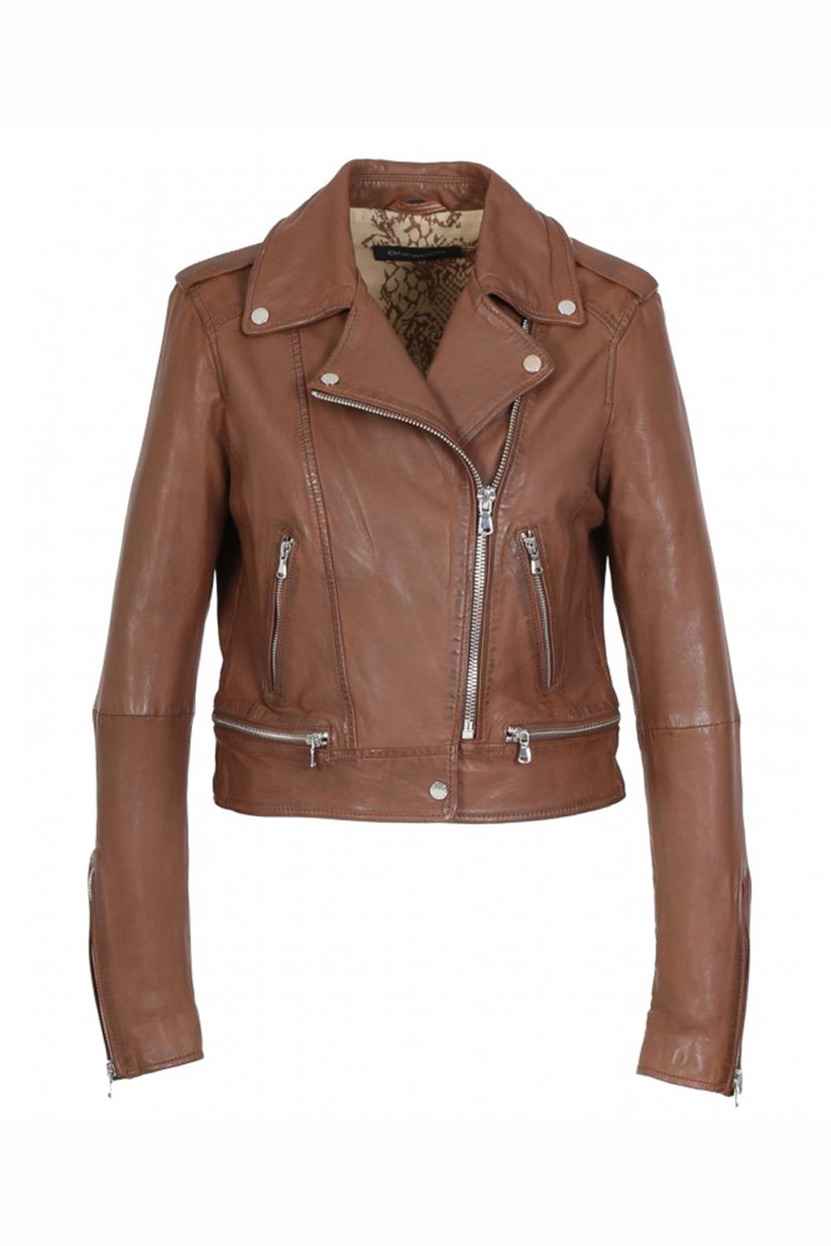 Slim biker jacket in washed sheepskin leather. Vintage tan finish. - Image n°9