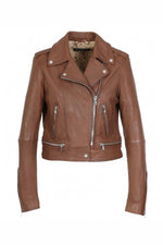 Slim biker jacket in washed sheepskin leather. Vintage tan finish. - Image n°9
