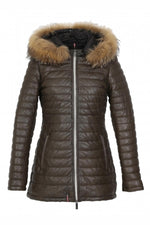Brown leather down jacket with furry hood - Image n°5