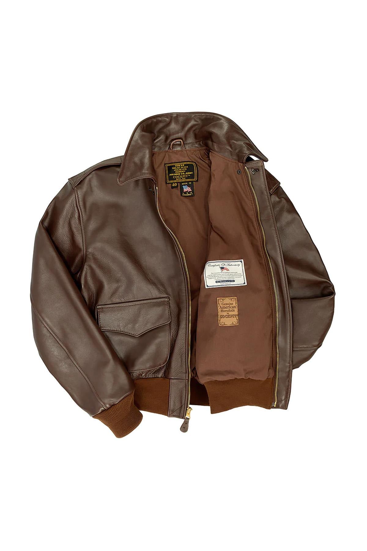 The A-2 flight jacket in seal brown horsehide, true to its WWII roots. - Image n°3