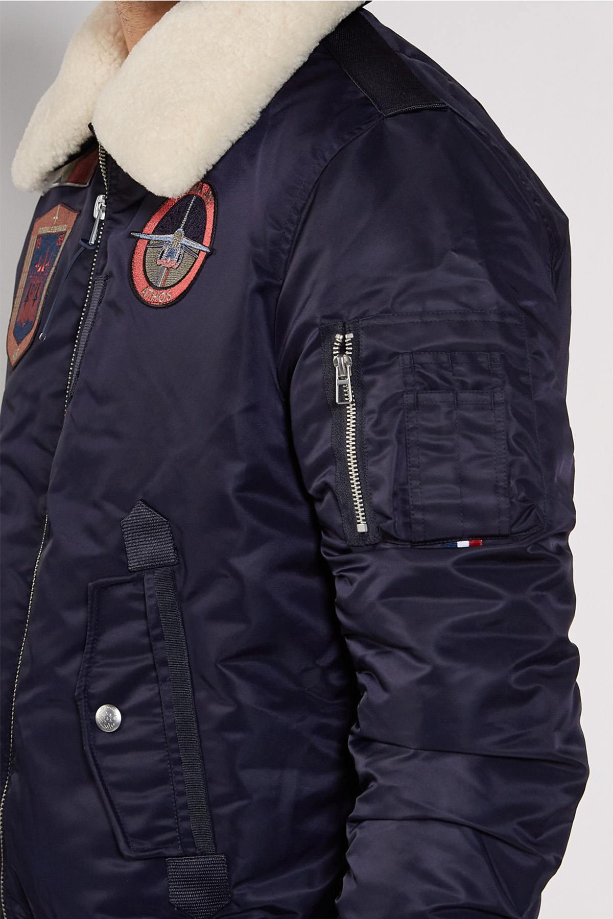 Navy blue nylon bombers with removable fur collar - Image n°4