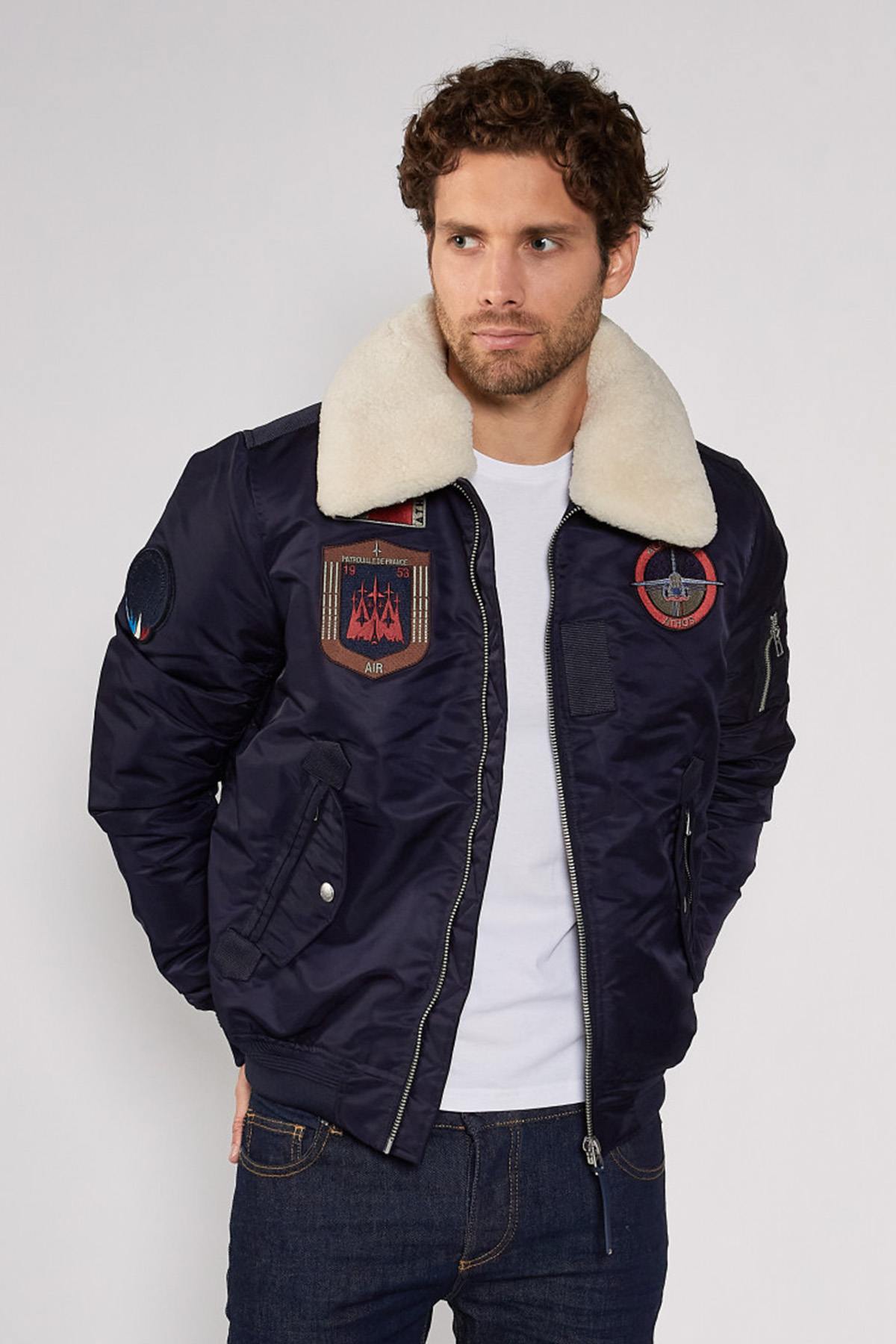 Navy blue nylon bombers with removable fur collar - Image n°5