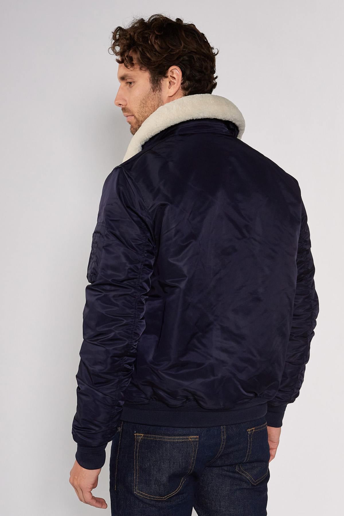 Navy blue nylon bombers with removable fur collar - Image n°9