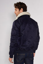 Navy blue nylon bombers with removable fur collar - Image n°9
