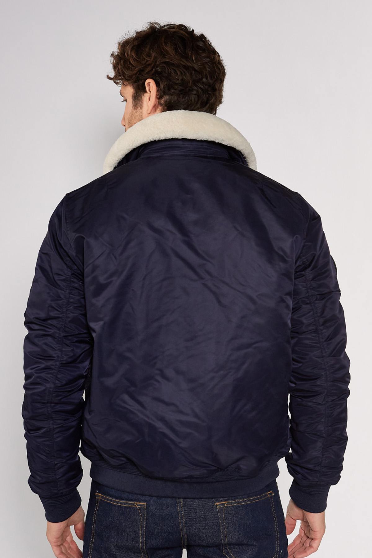 Navy blue nylon bombers with removable fur collar - Image n°6