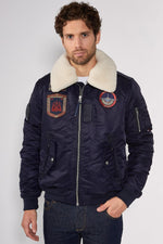 Navy blue nylon bombers with removable fur collar - Image n°2