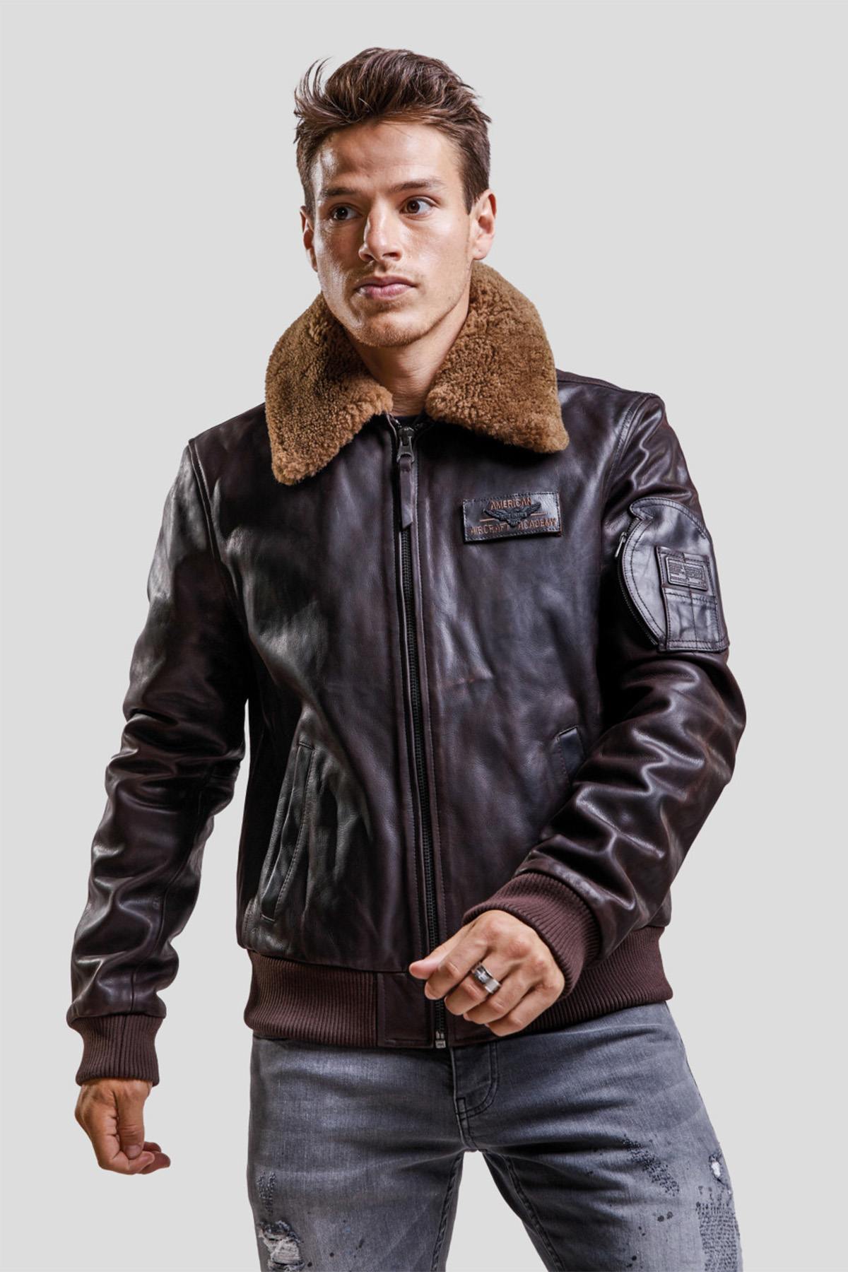 Striking brown lambskin aviator jacket with removable collar. - Image n°1
