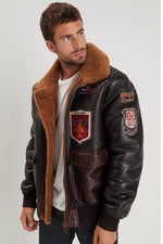 Aviator jacket in tobacco cognac. Fur collar, badge trims, slim fit. - Image n°3