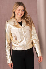 Very shiny gold and ecru Asymmetrical collar leather jacket - Image n°8