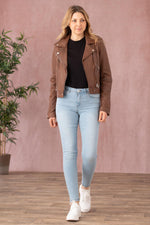 Slim biker jacket in washed sheepskin leather. Vintage tan finish. - Image n°3