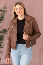 Slim biker jacket in washed sheepskin leather. Vintage tan finish. - Image n°1