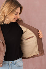Slim biker jacket in washed sheepskin leather. Vintage tan finish. - Image n°8