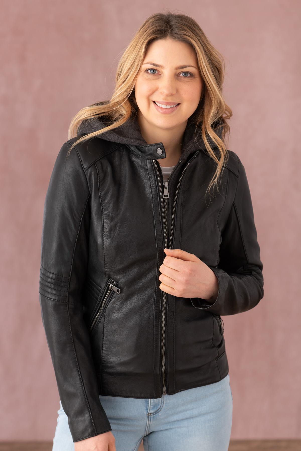 Soft black lambsheep leather jacket with hood. A year-round classic. - Image n°10