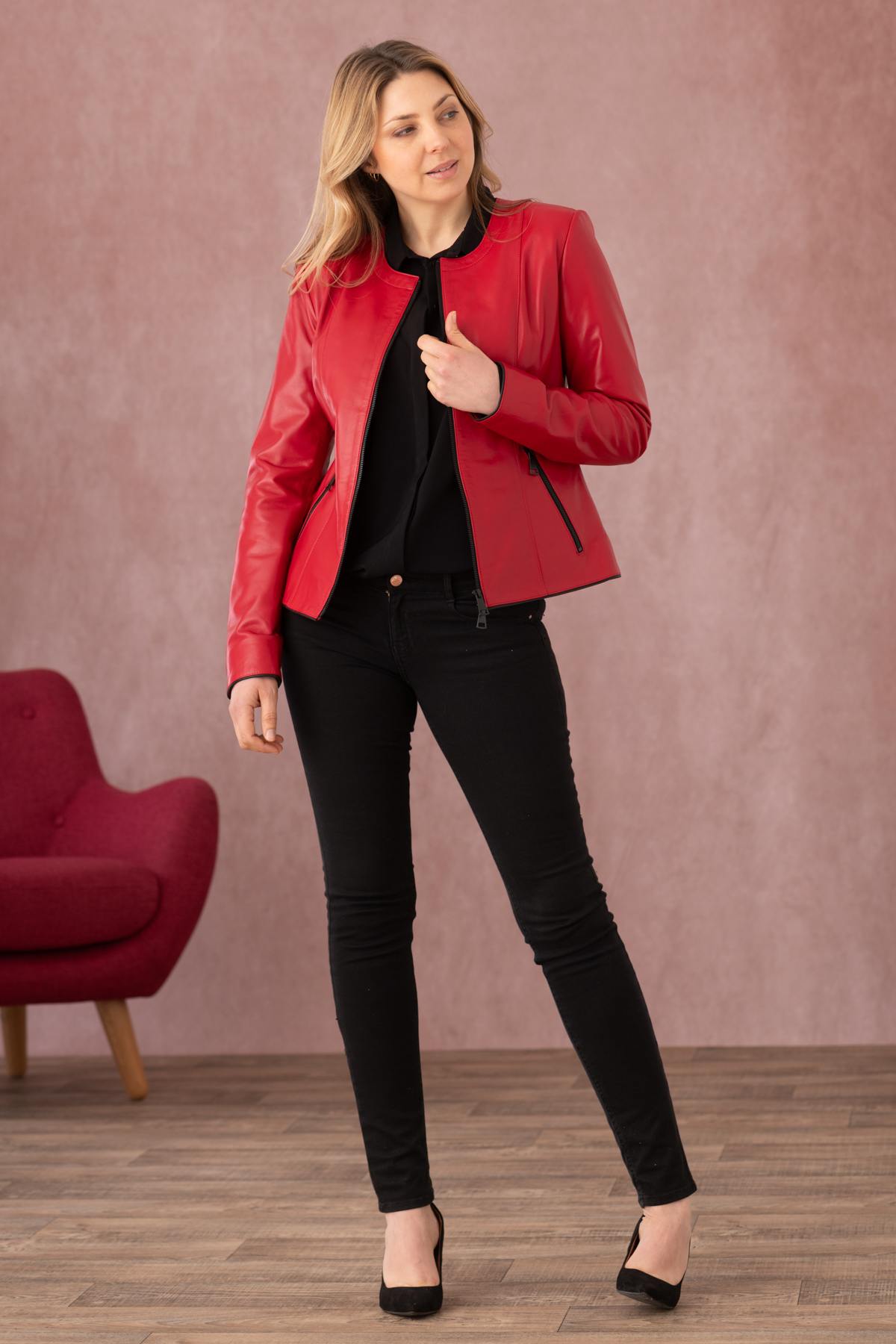 Glossy red and black lambskin jacket, slim-fit for chic evening wear. - Image n°14