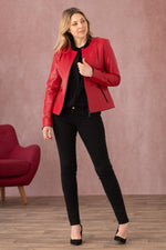 Glossy red and black lambskin jacket, slim-fit for chic evening wear. - Image n°14