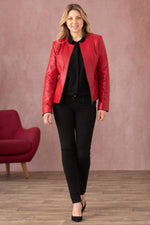 Glossy red and black lambskin jacket, slim-fit for chic evening wear. - Image n°3