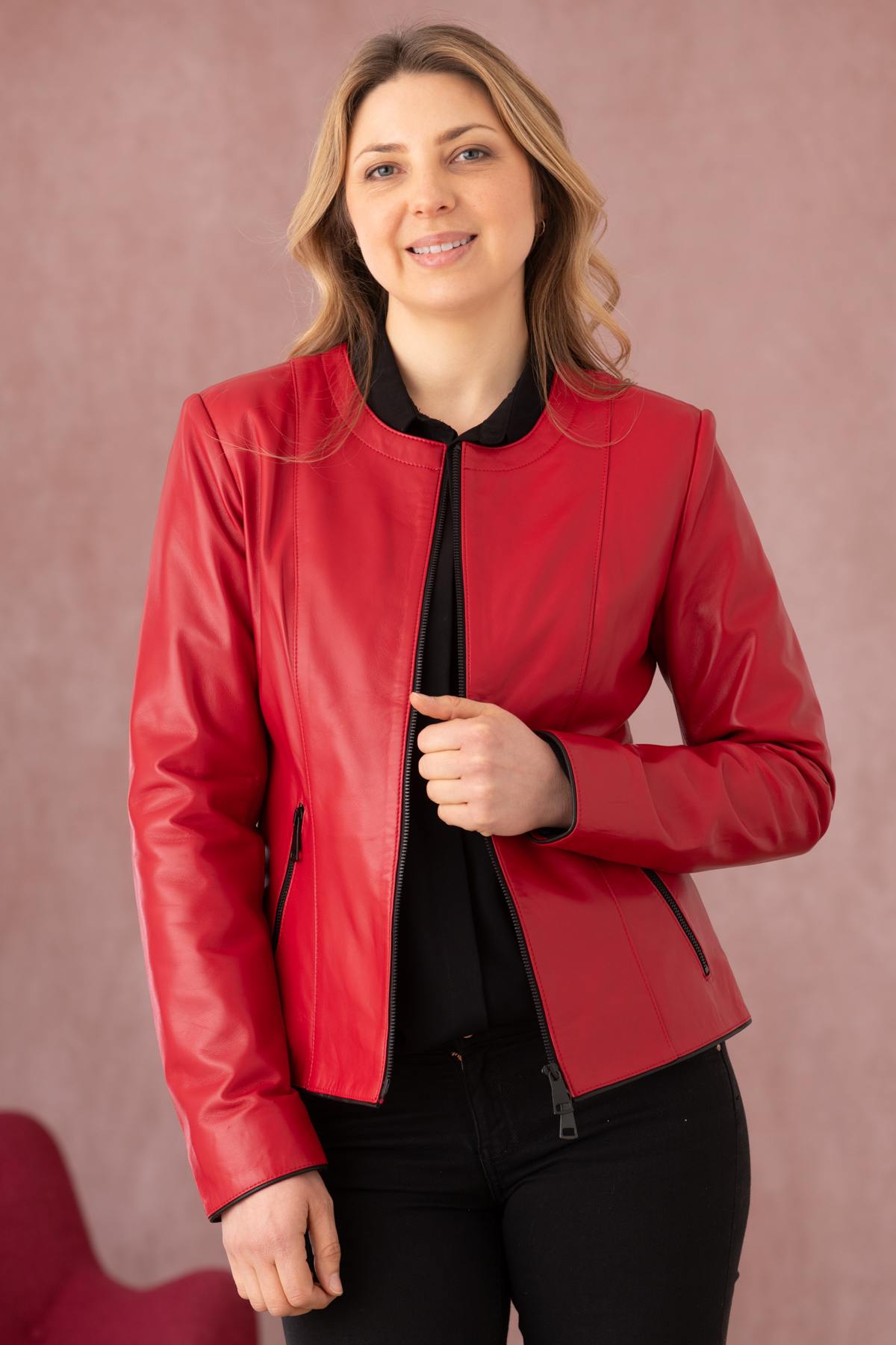 Glossy red and black lambskin jacket, slim-fit for chic evening wear. - Image n°1