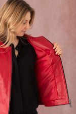 Glossy red and black lambskin jacket, slim-fit for chic evening wear. - Image n°11