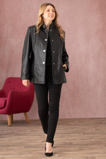 Black lambskin coat, mid-length and glossy, for timeless modern style. - Image n°3