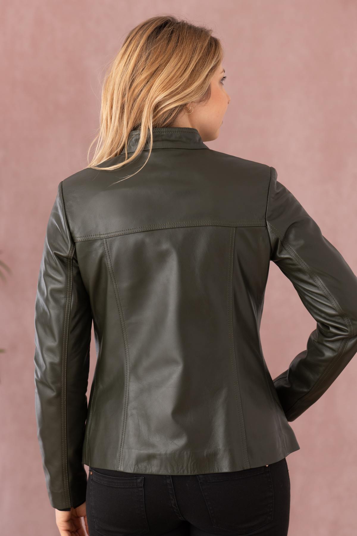 Glossy olive lambskin jacket, slim and collarless for open styling. - Image n°9