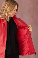 Slim fit red pearl leather jacket - Image n°12