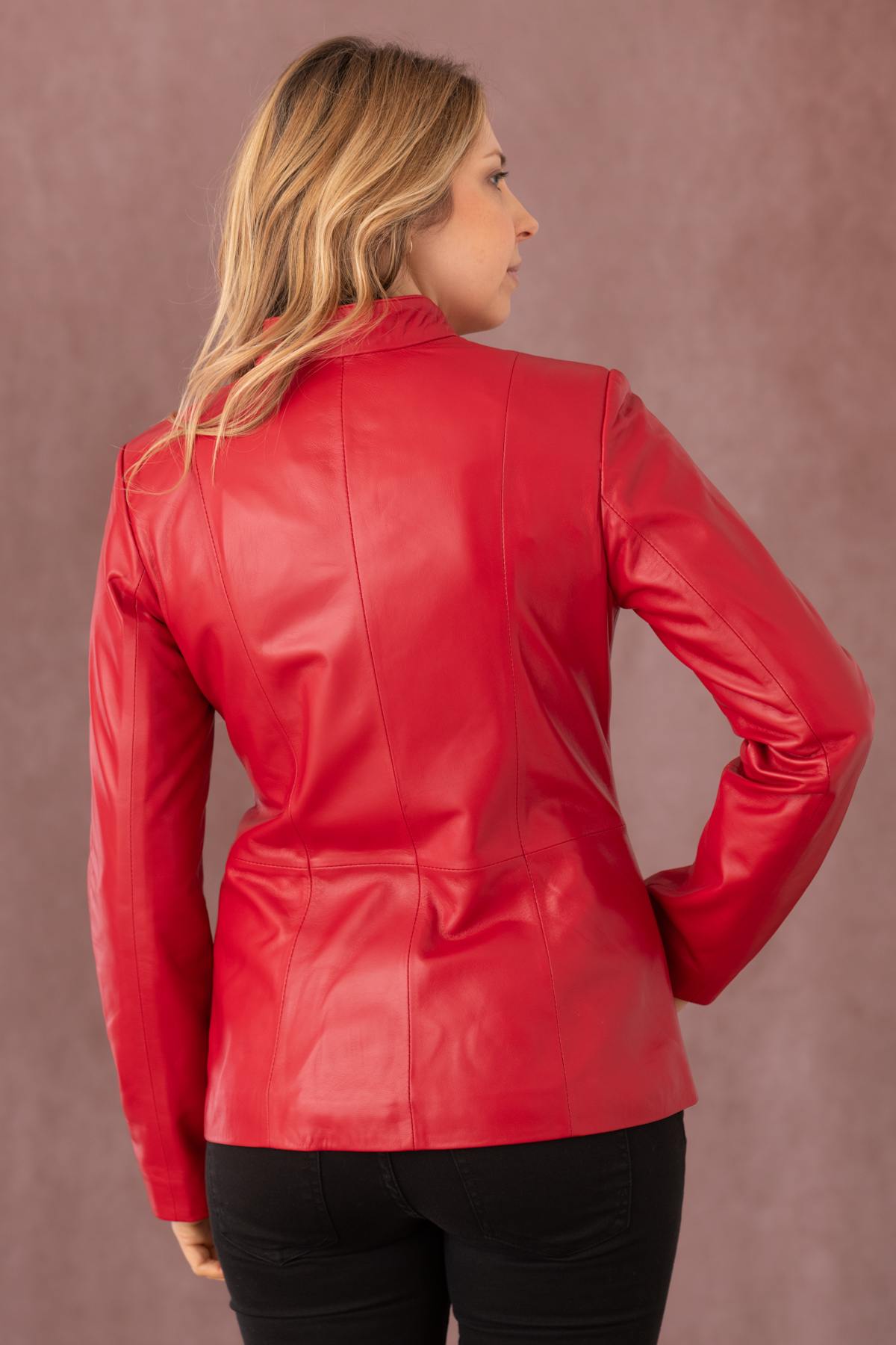 Red lambskin jacket, slim fit, moto collar-lightweight for spring. - Image n°5