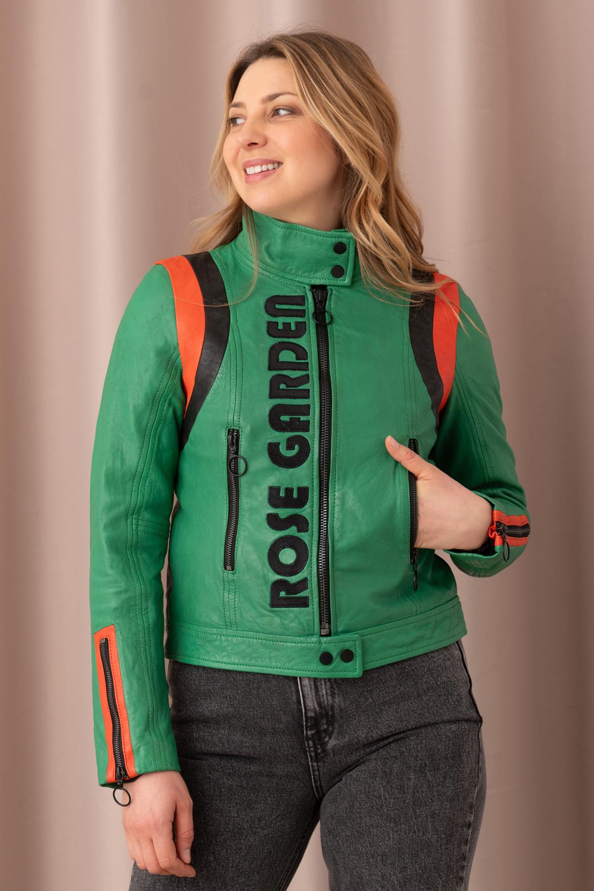 Vivid green lambskin jacket with a biker collar and relaxed fit. - Image n°1