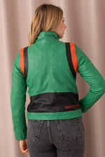 Vivid green lambskin jacket with a biker collar and relaxed fit. - Image n°9
