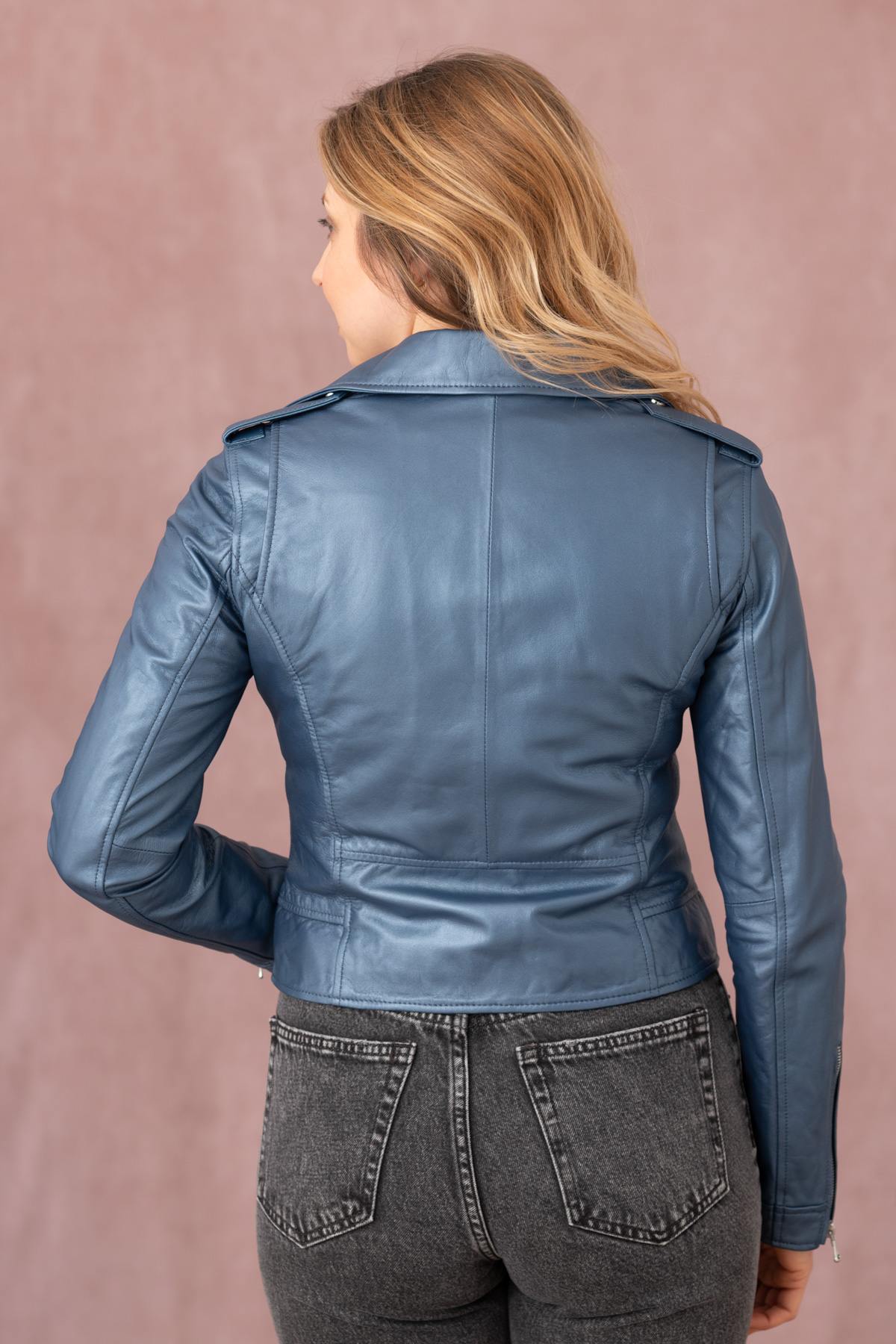 Cobalt-colored leather Biker Jacket with metallic effect - Image n°9