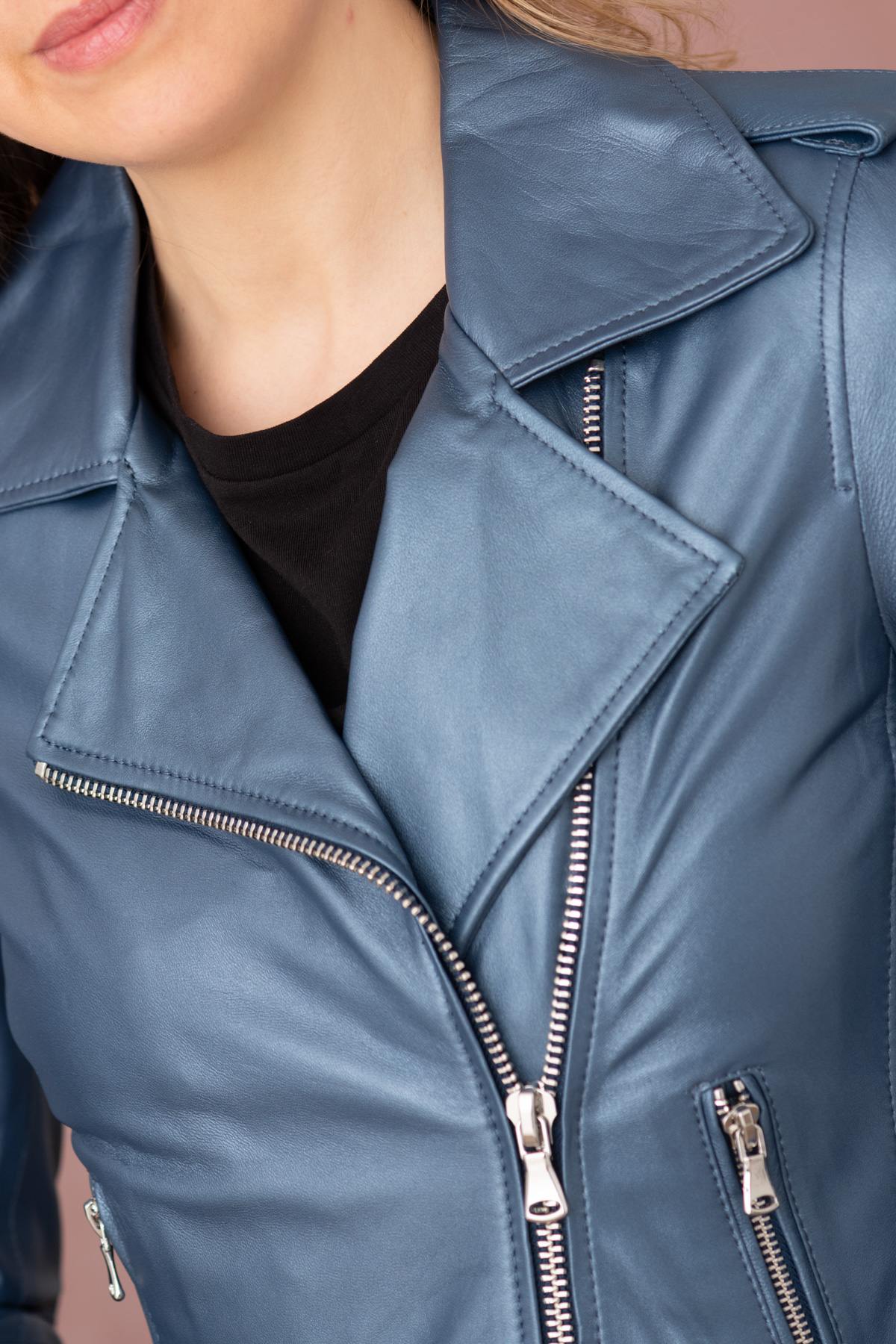 Cobalt-colored leather Biker Jacket with metallic effect - Image n°5