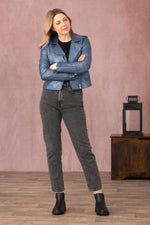 Cobalt-colored leather Biker Jacket with metallic effect - Image n°3