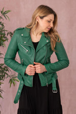 Slim biker jacket in lambskin. Holly Green, waxed finish. - Image n°1