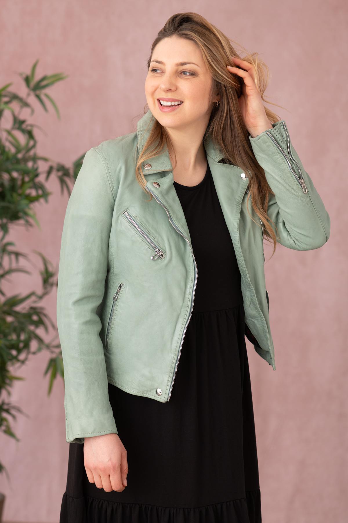 Pistachio lambskin biker jacket, lightweight for spring-summer ease. - Image n°1