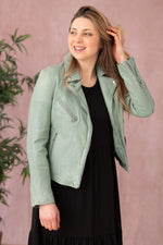 Pistachio lambskin biker jacket, lightweight for spring-summer ease. - Image n°1