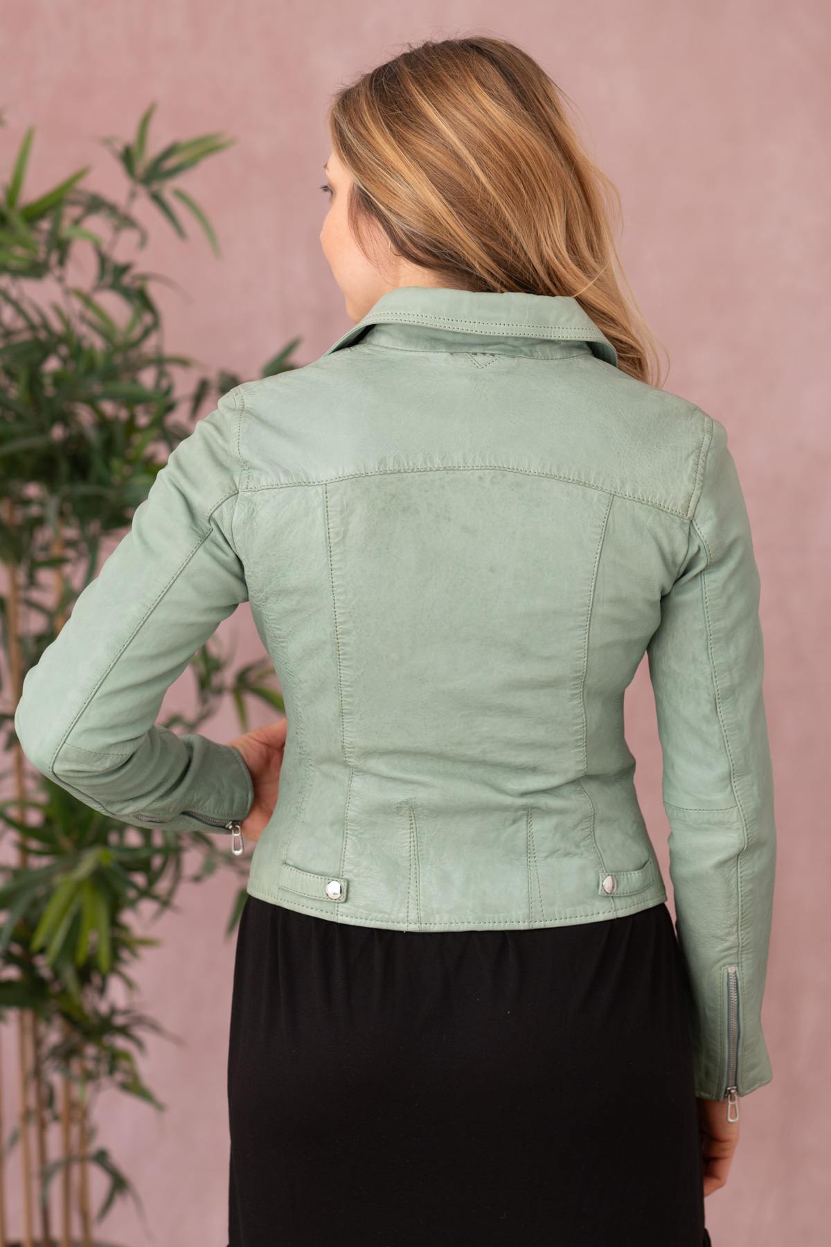 Pistachio lambskin biker jacket, lightweight for spring-summer ease. - Image n°7