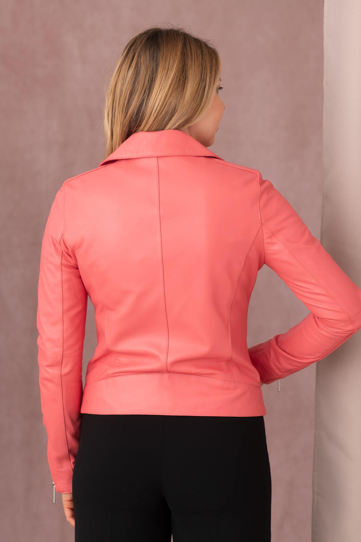 Dark pink leather Biker Jacket - Image n°7