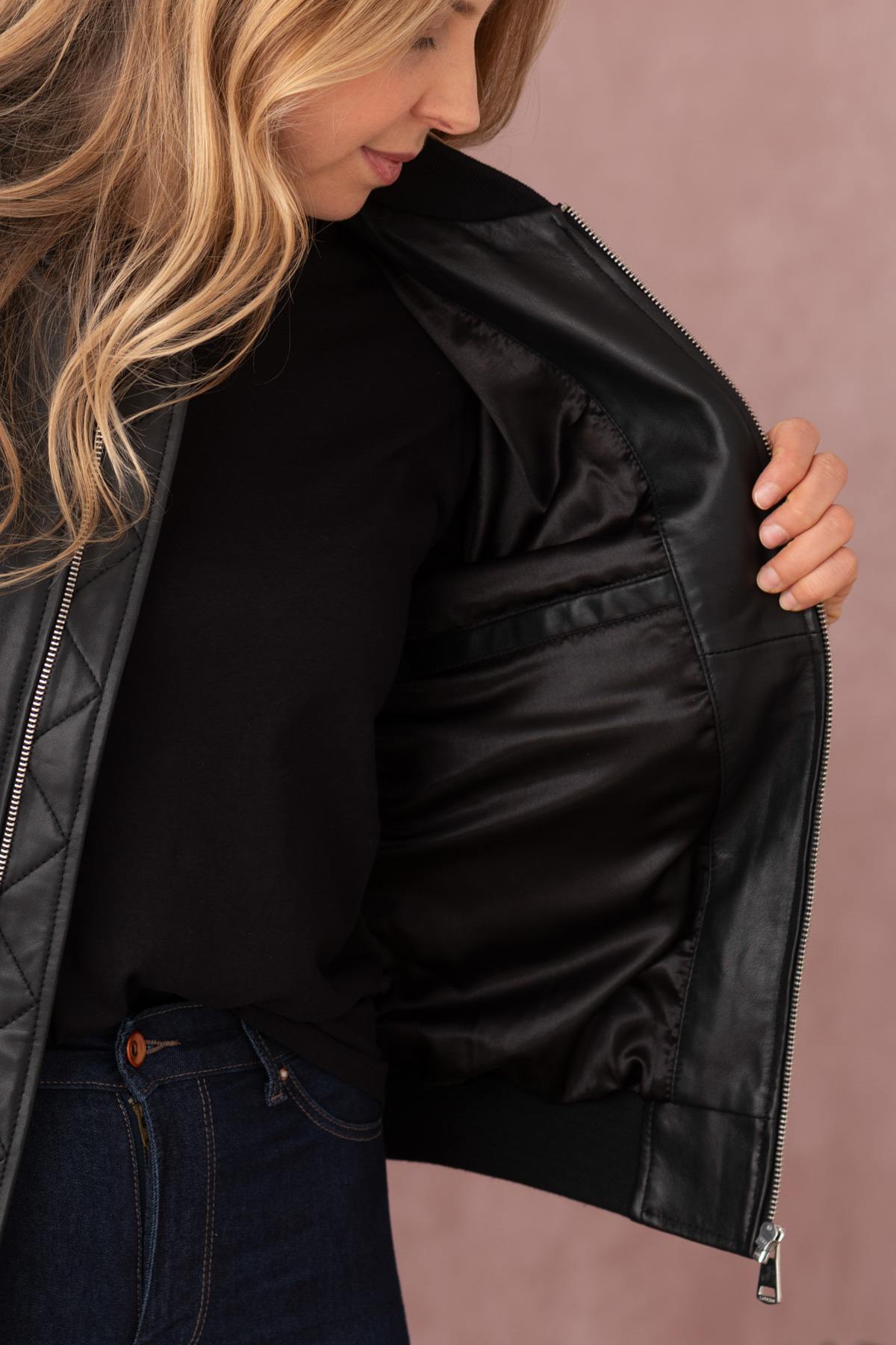 Black leather bomber jacket for women - Image n°15