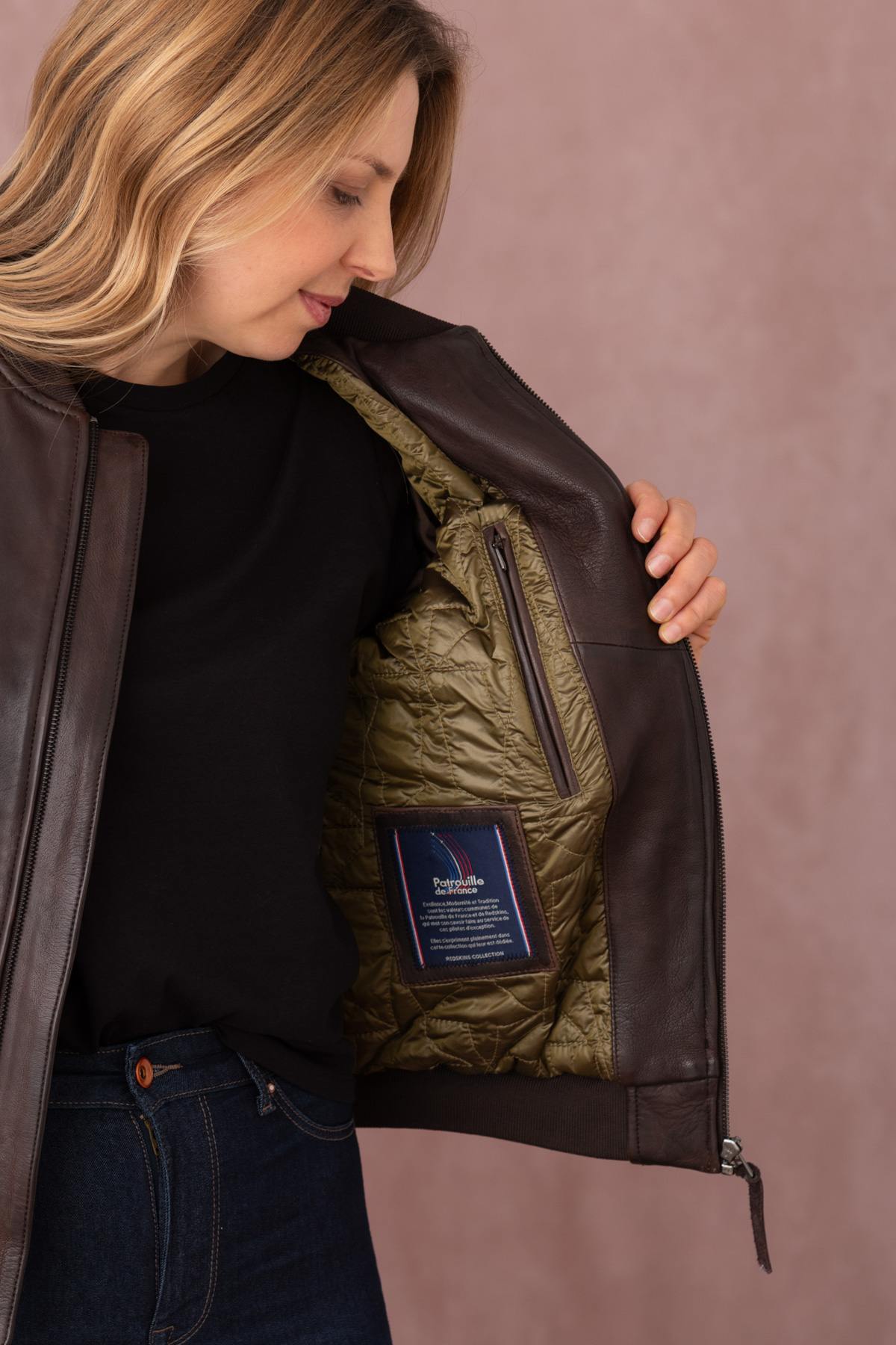 Rich brown lambskin jacket, slim fit, bomber collar and zip pockets. - Image n°8