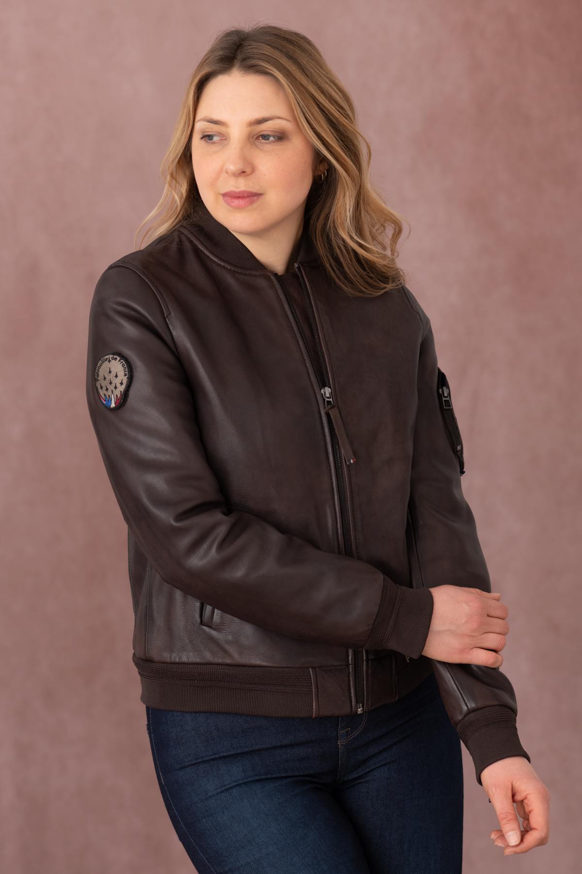 Rich brown lambskin jacket, slim fit, bomber collar and zip pockets. - Image n°1