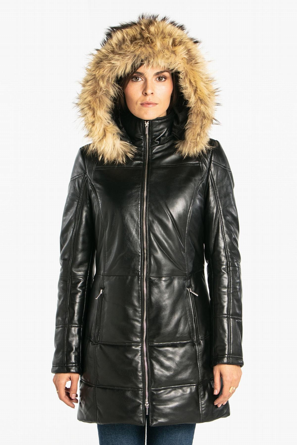 Mid-length lambskin coat with detachable hood for chic autumn wear. - Image n°9