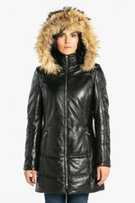 Mid-length lambskin coat with detachable hood for chic autumn wear. - Image n°9