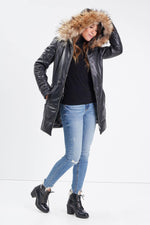 Mid-length lambskin coat with detachable hood for chic autumn wear. - Image n°2