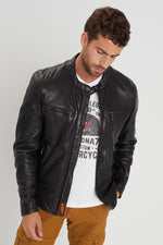 Black leather jacket with biker collar for men - Image n°4