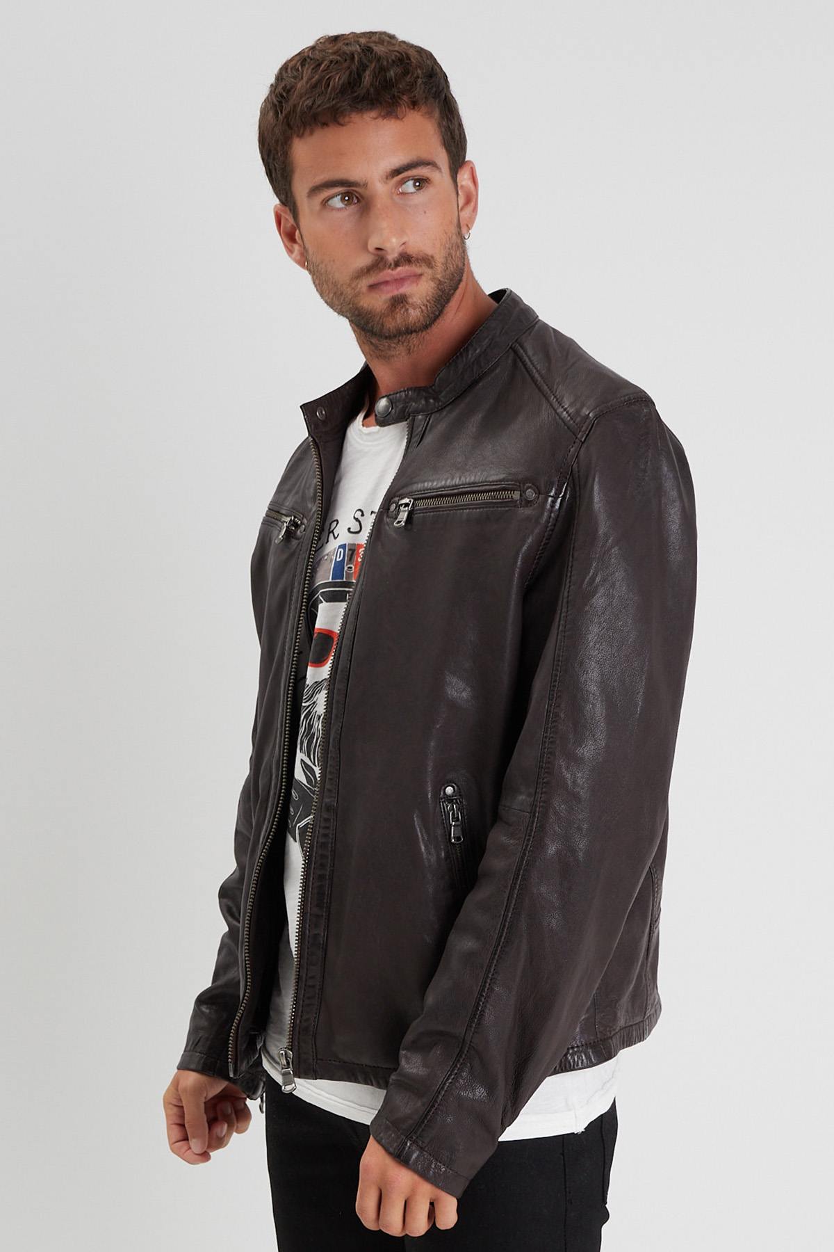 Brown lambskin jacket with detachable hood and zip sleeves. - Image n°4