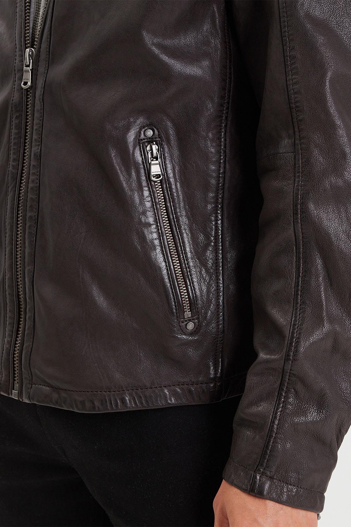 Brown lambskin jacket with detachable hood and zip sleeves. - Image n°5