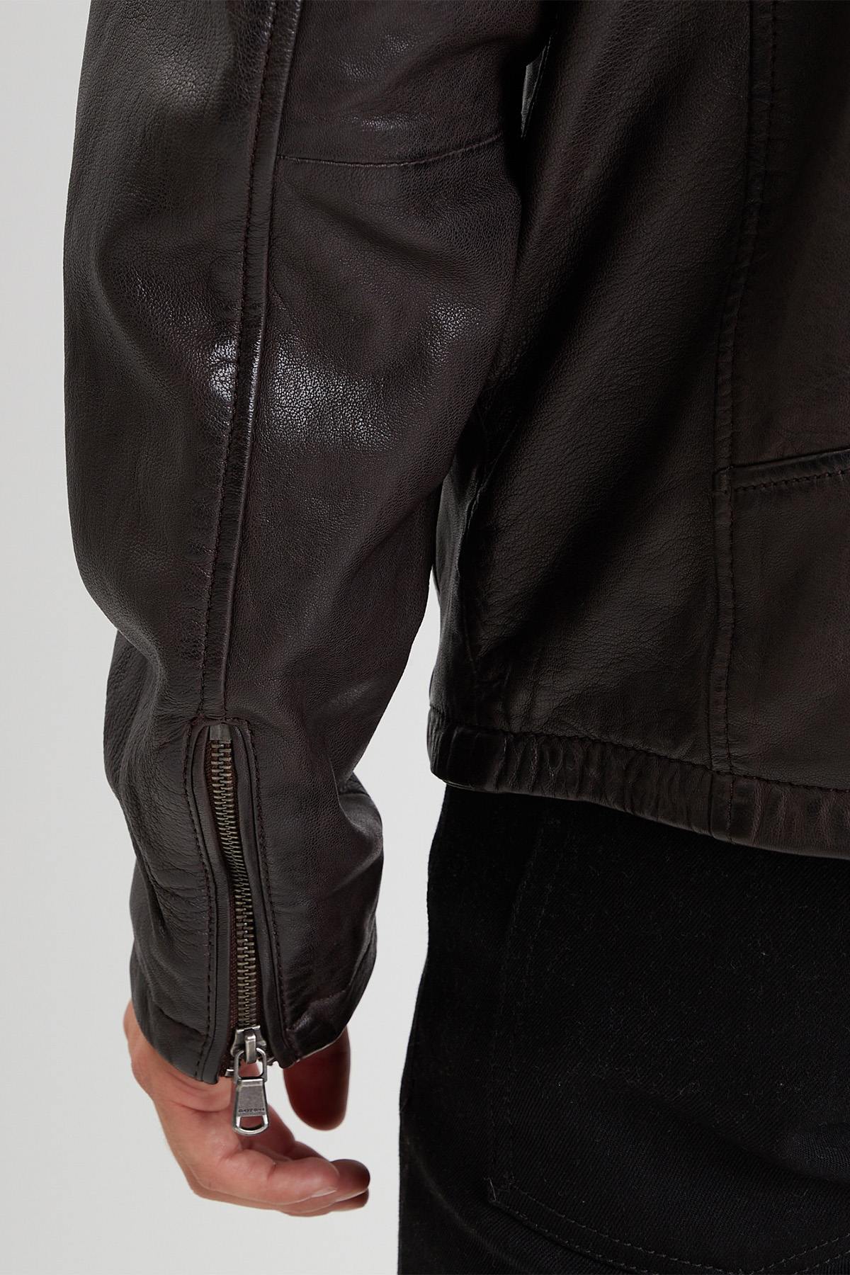 Brown lambskin jacket with detachable hood and zip sleeves. - Image n°3