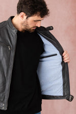 Slim-fit lambskin jacket in midnight blue, soft and timelessly styled. - Image n°7