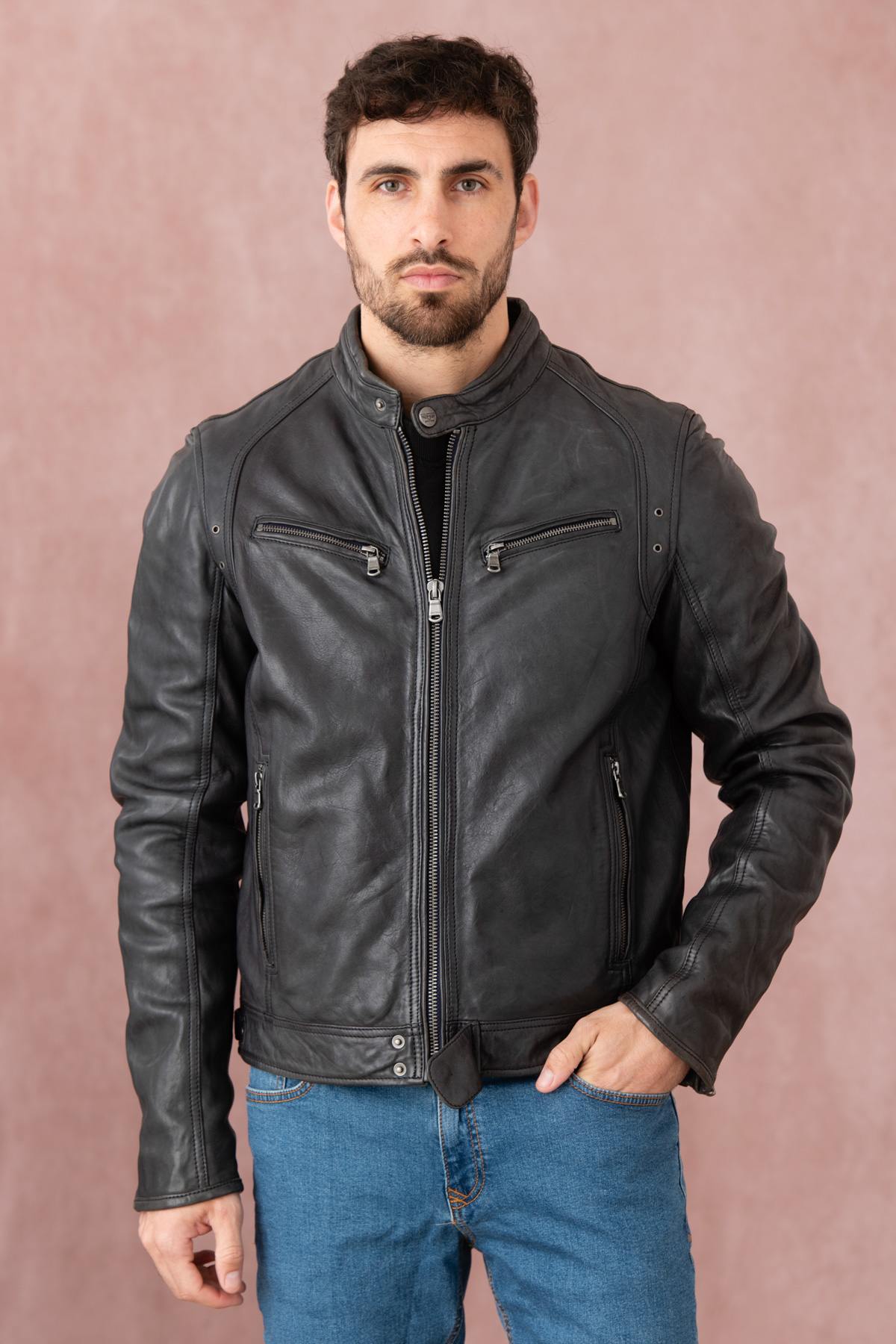 Slim-fit lambskin jacket in midnight blue, soft and timelessly styled. - Image n°2